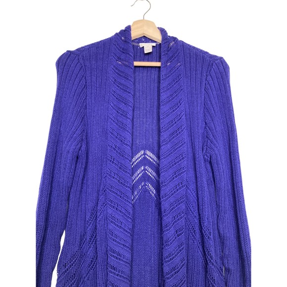 Chicos Draped Blue Cotton Blend Waterfall Cardigan Sweater Size Large Chicos 2 - Picture 4 of 10